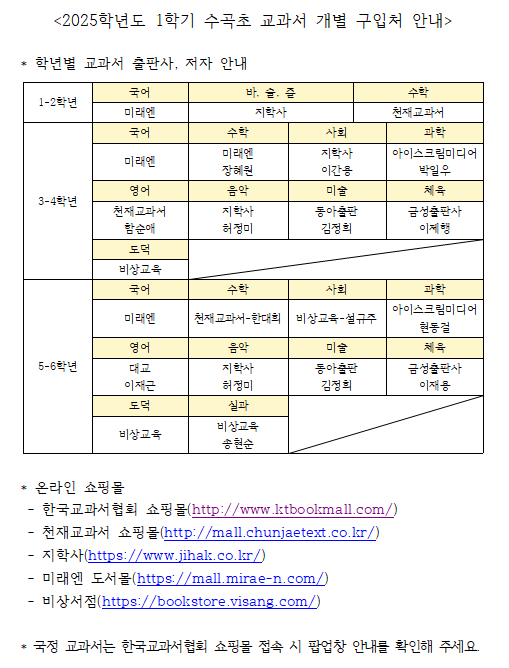 2025학년도 1학기 수곡초등학교 교과서 개별 구입처 안내